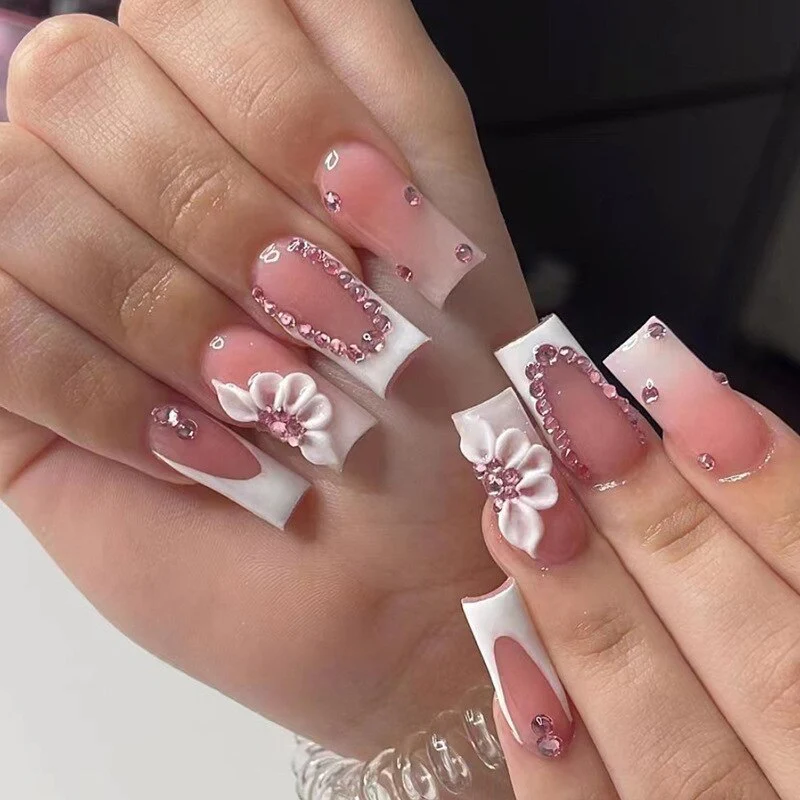 24pcs False Nails with glue flower design Long Coffin French Ballerina Fake Nails Full Cover acrylic Nail - Image 22