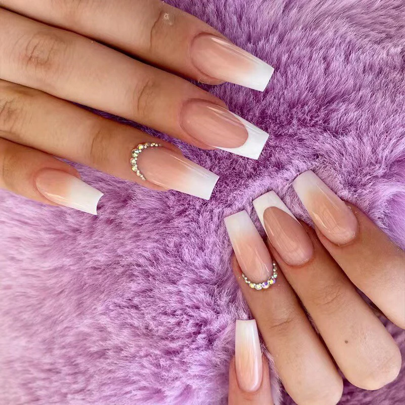 24pcs False Nails with glue flower design Long Coffin French Ballerina Fake Nails Full Cover acrylic Nail - Image 24