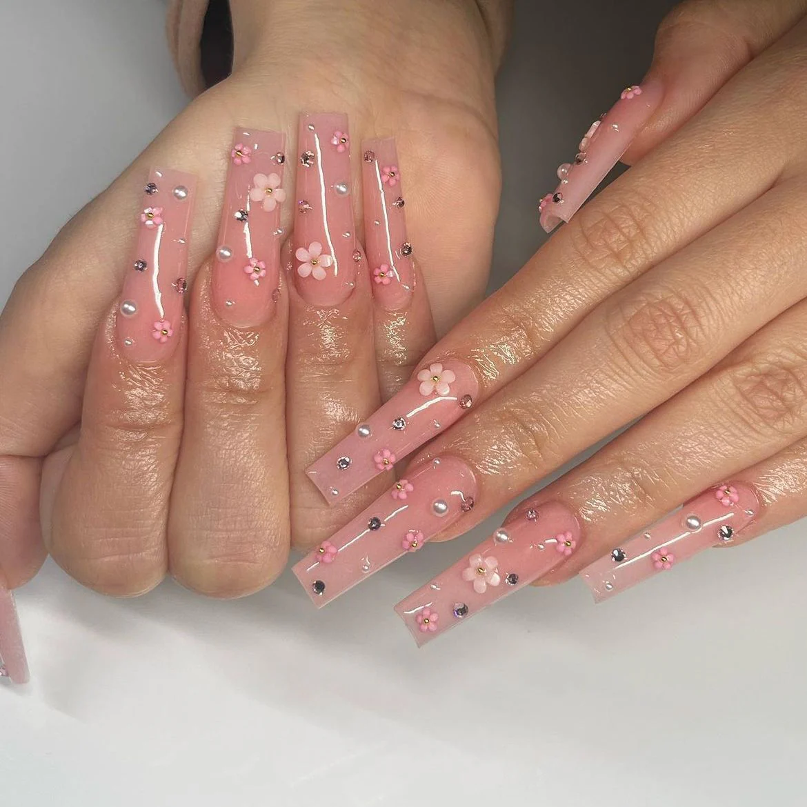 24pcs False Nails with glue flower design Long Coffin French Ballerina Fake Nails Full Cover acrylic Nail - Image 26