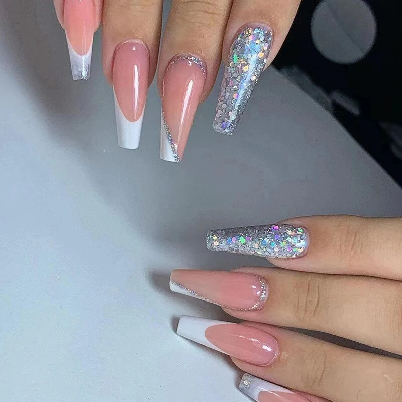 24pcs False Nails with glue flower design Long Coffin French Ballerina Fake Nails Full Cover acrylic Nail - Image 31