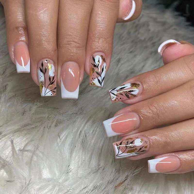 24pcs False Nails with glue flower design Long Coffin French Ballerina Fake Nails Full Cover acrylic Nail - Image 34