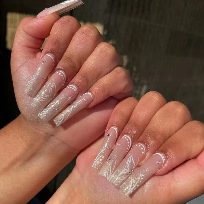 24pcs False Nails with glue flower design Long Coffin French Ballerina Fake Nails Full Cover acrylic Nail - Image 38
