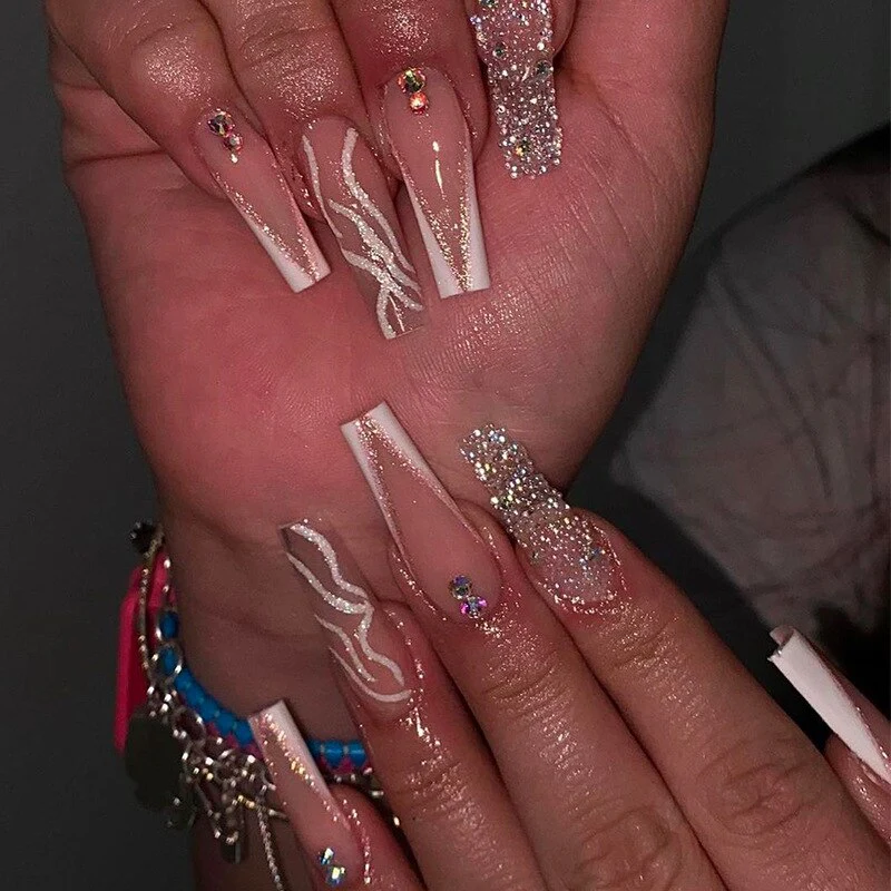 24pcs False Nails with glue flower design Long Coffin French Ballerina Fake Nails Full Cover acrylic Nail - Image 42