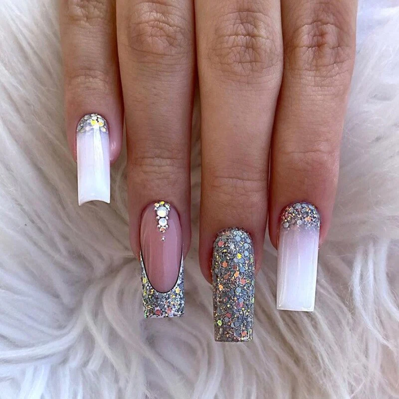 24pcs False Nails with glue flower design Long Coffin French Ballerina Fake Nails Full Cover acrylic Nail - Image 44