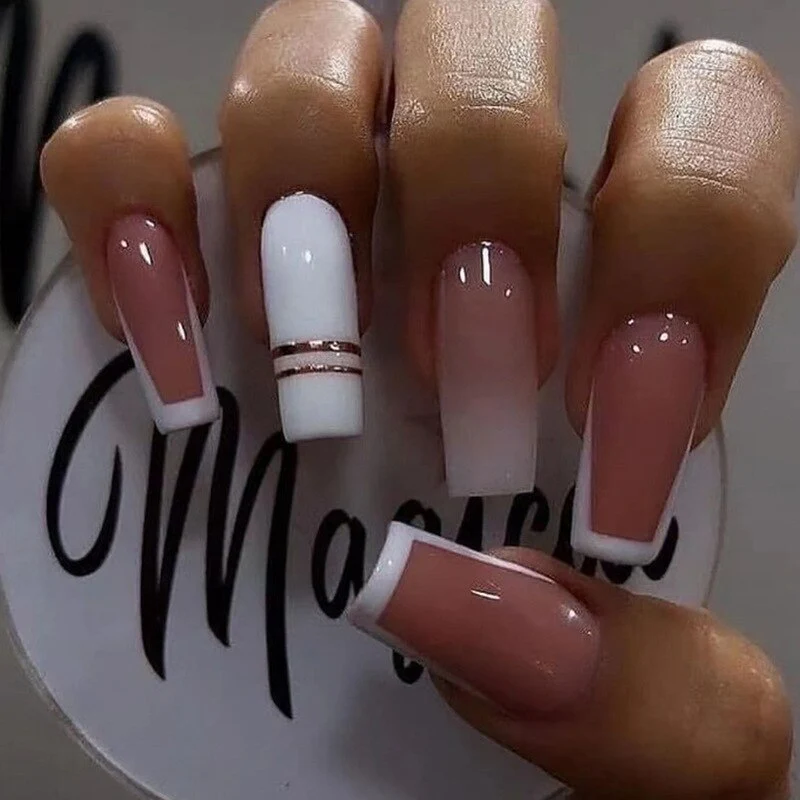 24pcs False Nails with glue flower design Long Coffin French Ballerina Fake Nails Full Cover acrylic Nail - Image 47