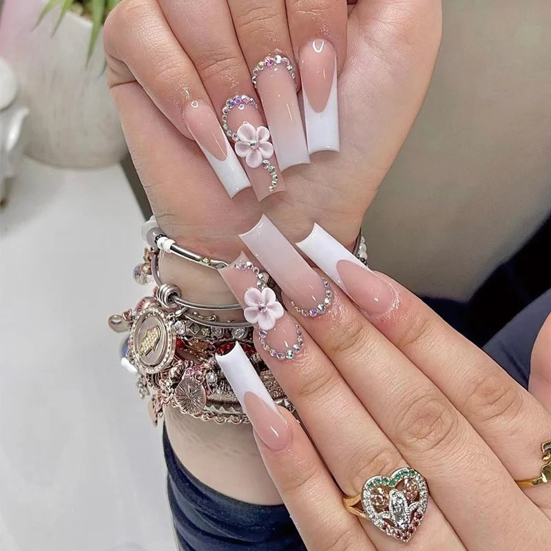 24pcs False Nails with glue flower design Long Coffin French Ballerina Fake Nails Full Cover acrylic Nail - Image 5