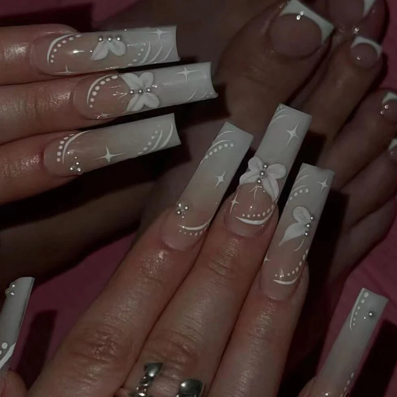 24pcs False Nails with glue flower design Long Coffin French Ballerina Fake Nails Full Cover acrylic Nail - Image 50