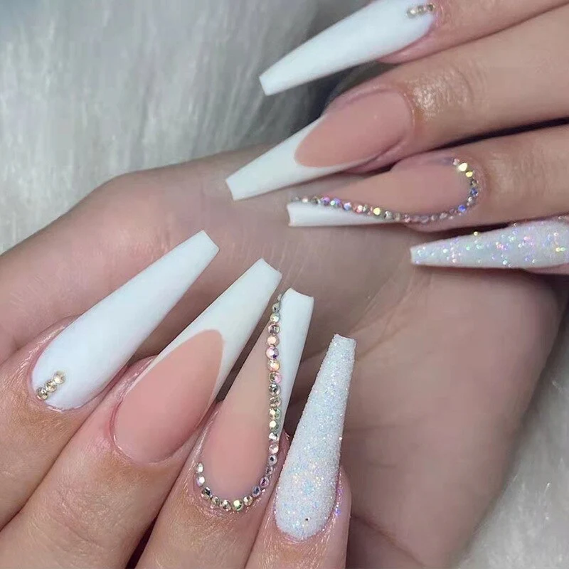 24pcs False Nails with glue flower design Long Coffin French Ballerina Fake Nails Full Cover acrylic Nail - Image 51