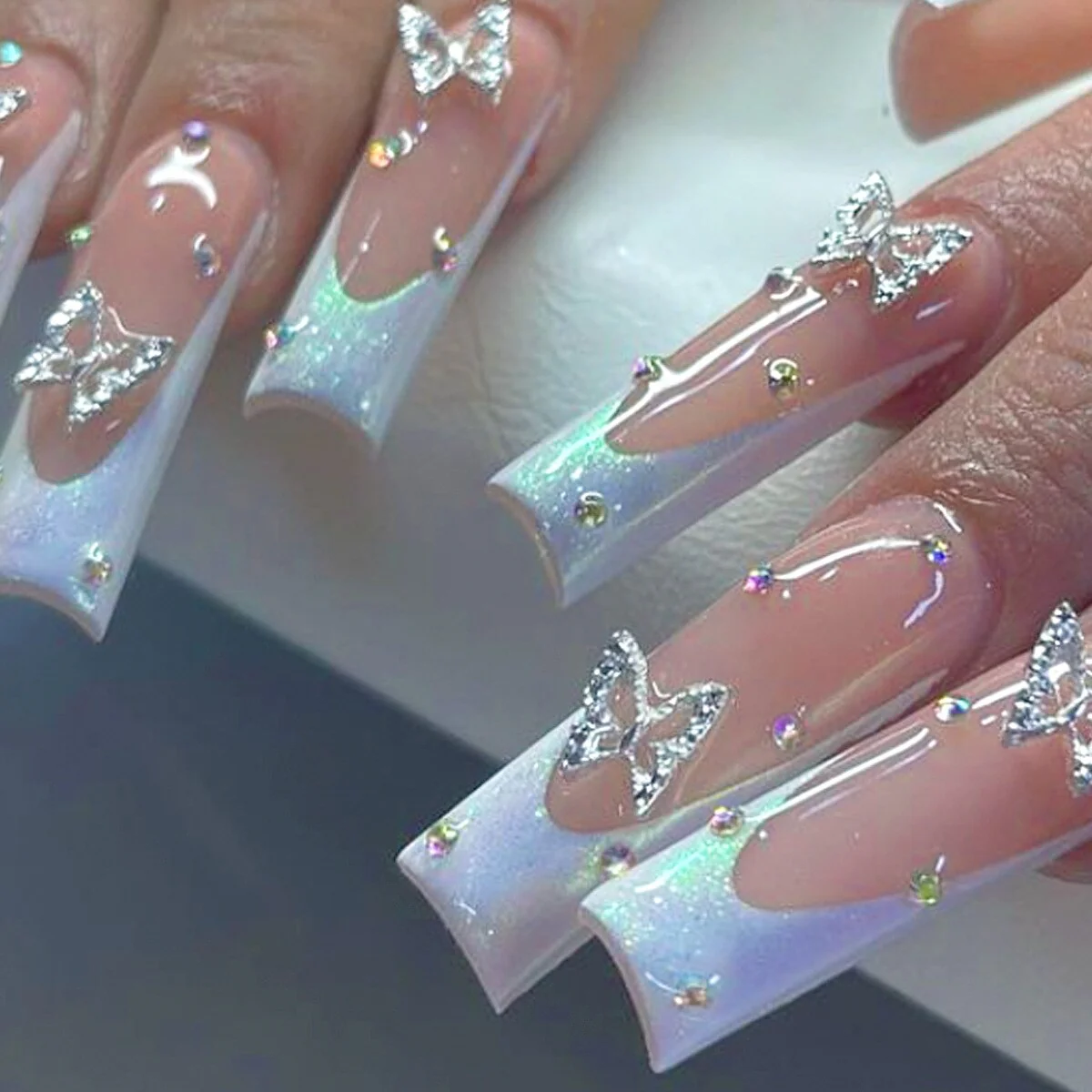 24pcs False Nails with glue flower design Long Coffin French Ballerina Fake Nails Full Cover acrylic Nail - Image 52