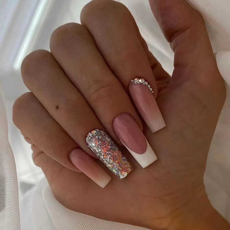 24pcs False Nails with glue flower design Long Coffin French Ballerina Fake Nails Full Cover acrylic Nail - Image 57
