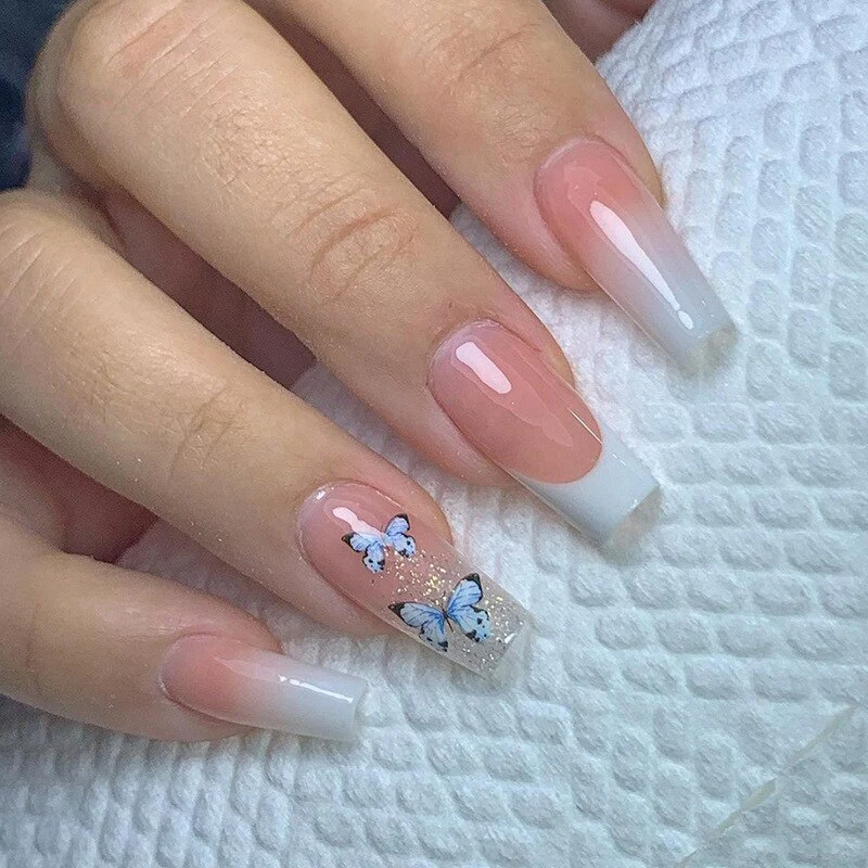 24pcs False Nails with glue flower design Long Coffin French Ballerina Fake Nails Full Cover acrylic Nail - Image 59