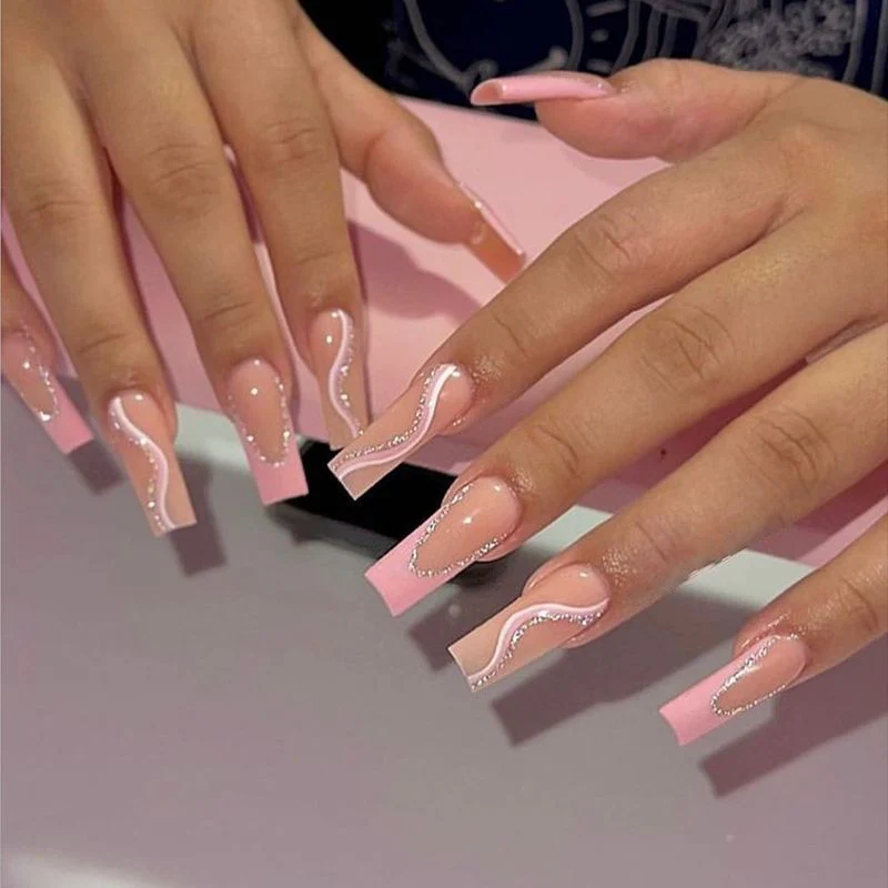 24pcs False Nails with glue flower design Long Coffin French Ballerina Fake Nails Full Cover acrylic Nail - Image 62