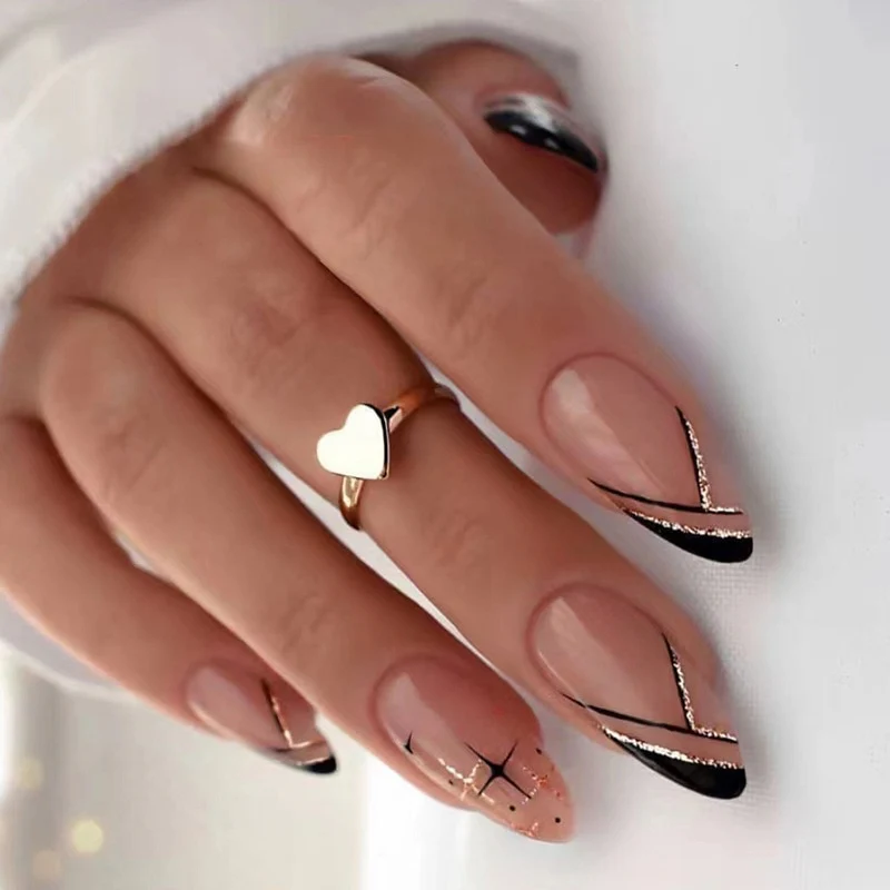 24Pcs Long Round Head Black Glod Line Press On Nail Art Removable Fake Nails With Glue Full Cover Waterproof False Nails