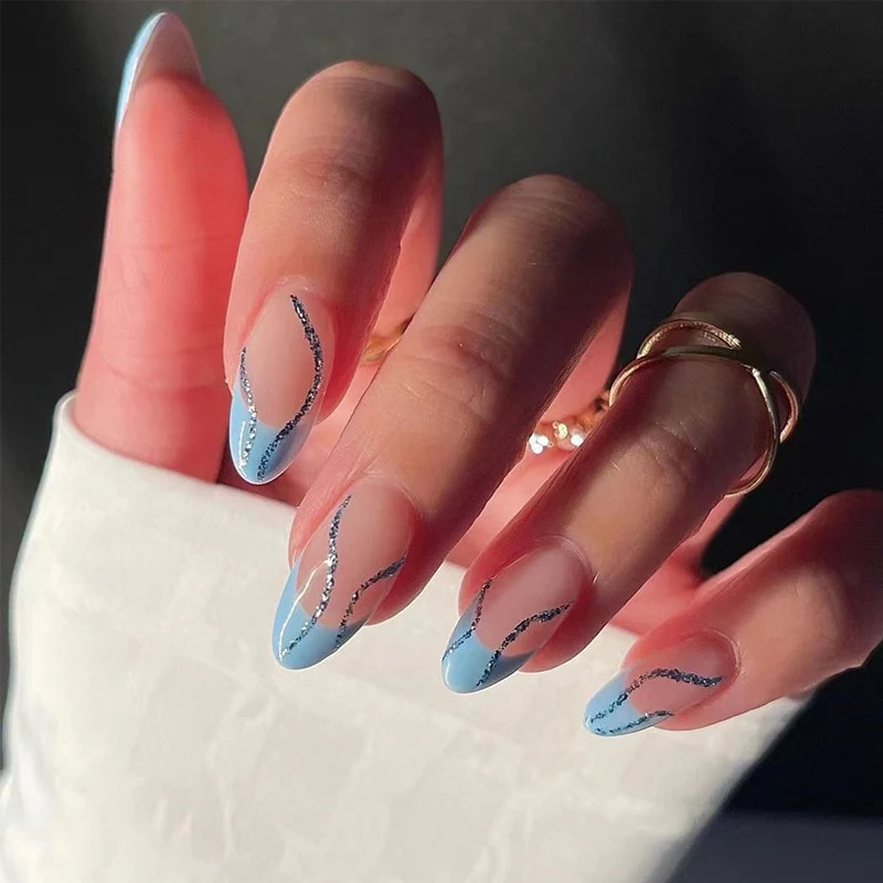 24Pcs Long Round Head Black Glod Line Press On Nail Art Removable Fake Nails With Glue Full Cover Waterproof False Nails - Image 10