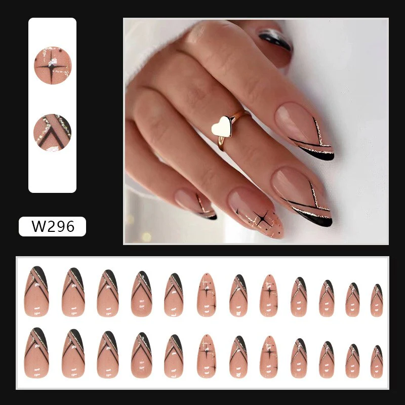 24Pcs Long Round Head Black Glod Line Press On Nail Art Removable Fake Nails With Glue Full Cover Waterproof False Nails - Image 27