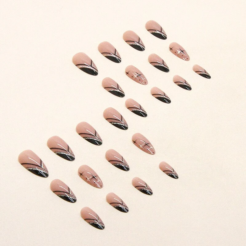 24Pcs Long Round Head Black Glod Line Press On Nail Art Removable Fake Nails With Glue Full Cover Waterproof False Nails - Image 28