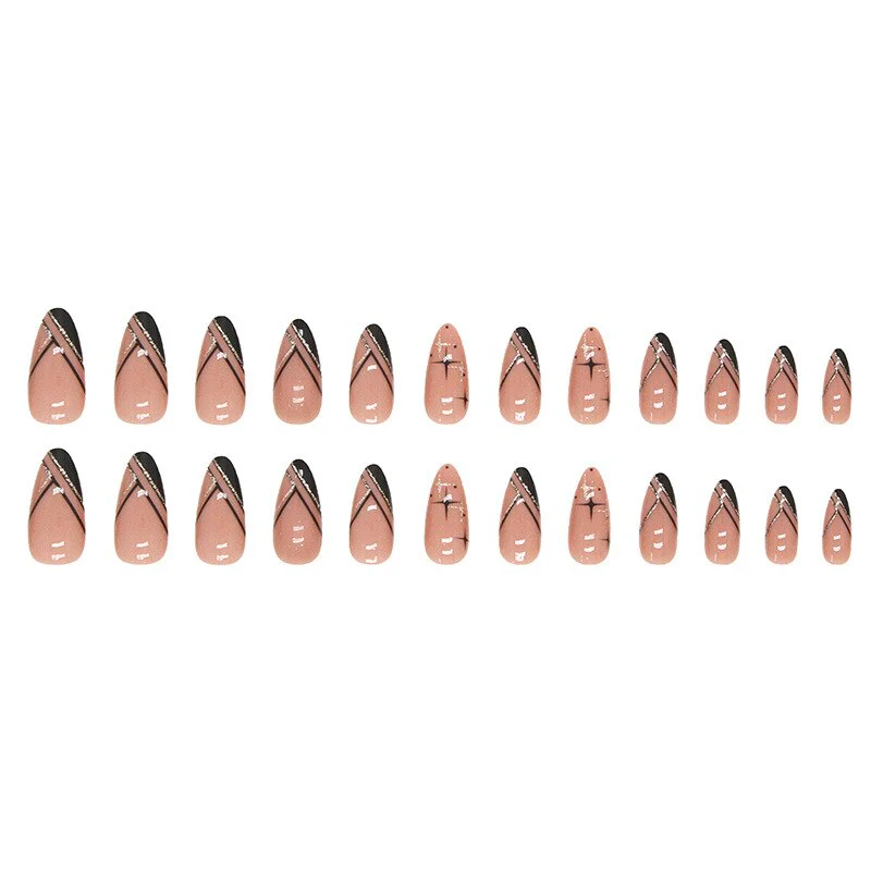 24Pcs Long Round Head Black Glod Line Press On Nail Art Removable Fake Nails With Glue Full Cover Waterproof False Nails - Image 29