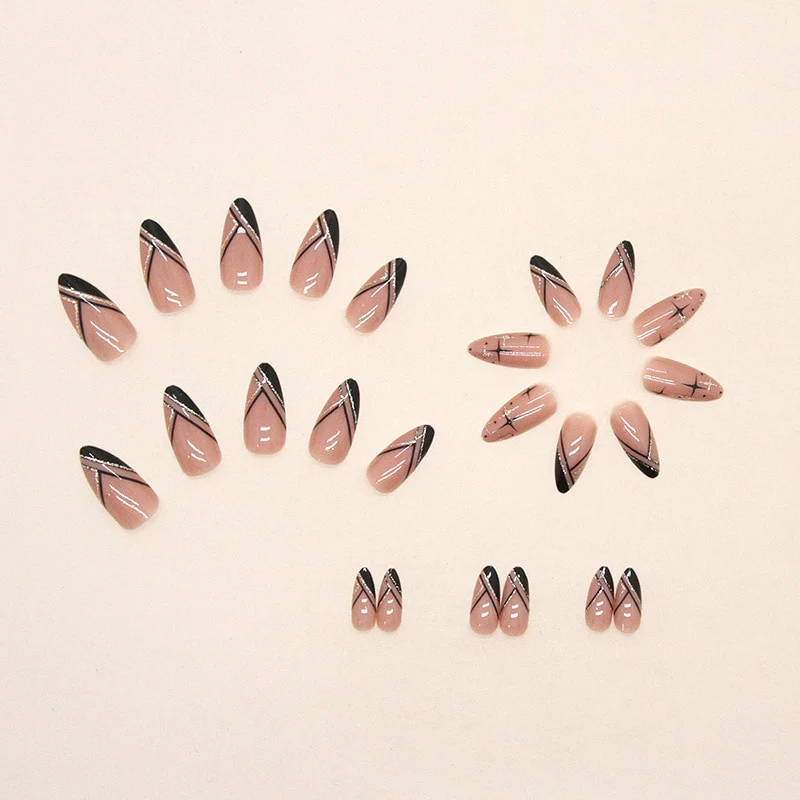 24Pcs Long Round Head Black Glod Line Press On Nail Art Removable Fake Nails With Glue Full Cover Waterproof False Nails - Image 30