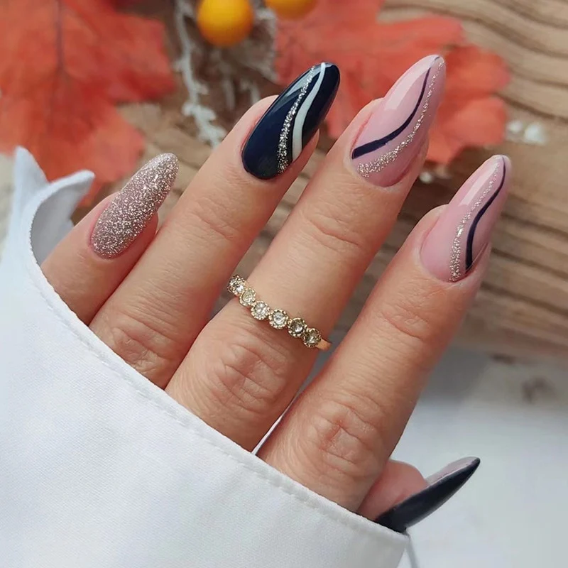 24pcs Long Stiletto False Nails wave Peals decorated Wearable French Fake Nails Press On Nails Leopard print Almond Manicure Tip - Image 23