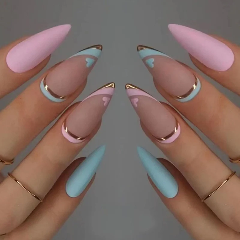 24pcs Long Stiletto False Nails wave Peals decorated Wearable French Fake Nails Press On Nails Leopard print Almond Manicure Tip - Image 3