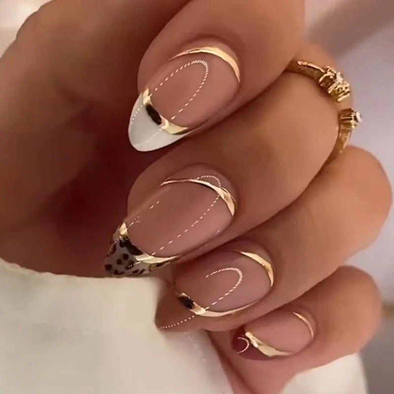 24pcs Long Stiletto False Nails wave Peals decorated Wearable French Fake Nails Press On Nails Leopard print Almond Manicure Tip - Image 35