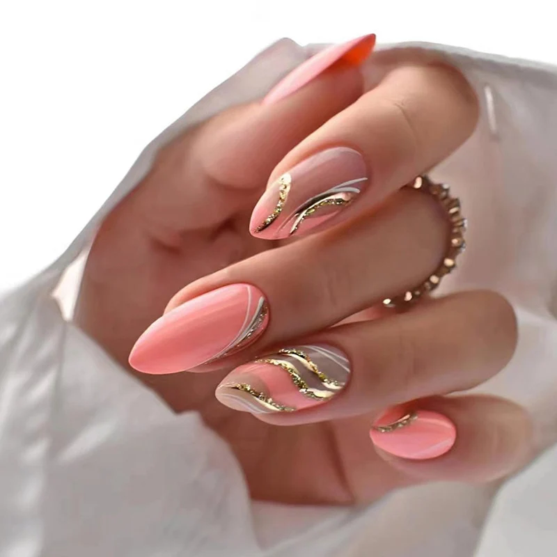 24pcs Long Stiletto False Nails wave Peals decorated Wearable French Fake Nails Press On Nails Leopard print Almond Manicure Tip - Image 38