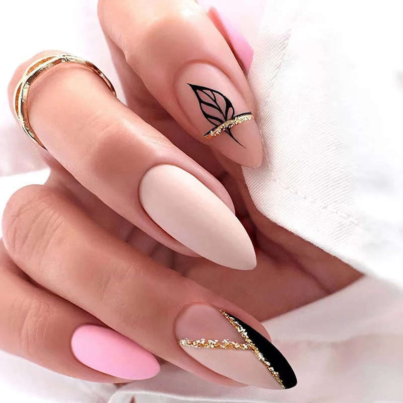 24pcs Long Stiletto False Nails wave Peals decorated Wearable French Fake Nails Press On Nails Leopard print Almond Manicure Tip - Image 55