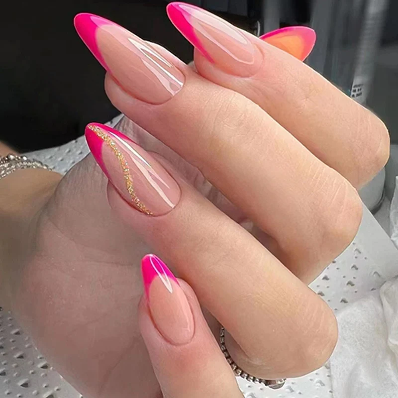 24Pcs Oval Head False Nails Pink Almond Artificial Fake Nails With Glue Full Cover Nail Tips Press On - Image 23