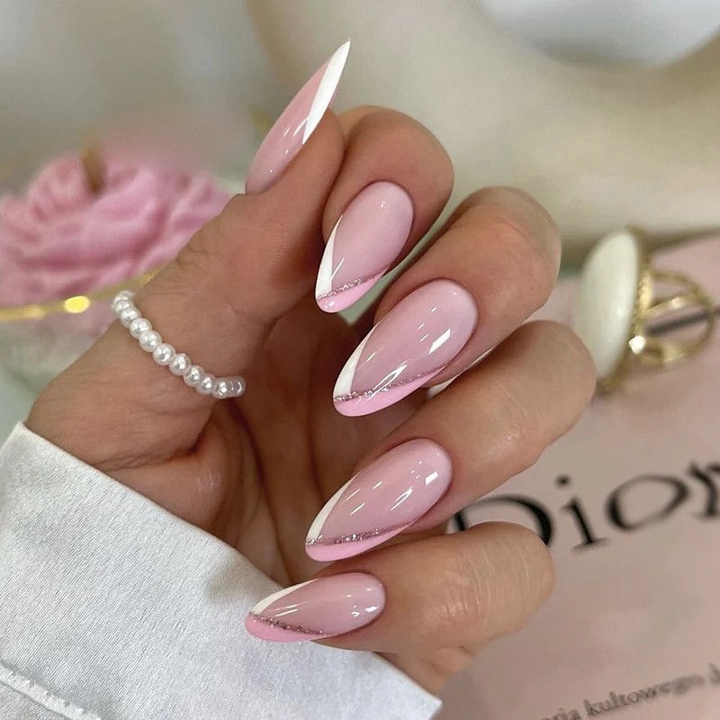 24Pcs Oval Head False Nails Pink Almond Artificial Fake Nails With Glue Full Cover Nail Tips Press On - Image 28