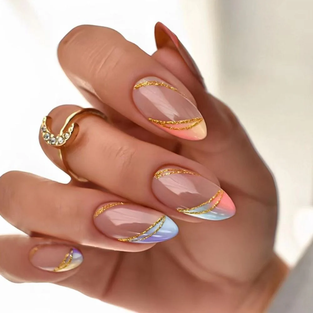 24Pcs Oval Head False Nails Pink Almond Artificial Fake Nails With Glue Full Cover Nail Tips Press On - Image 29