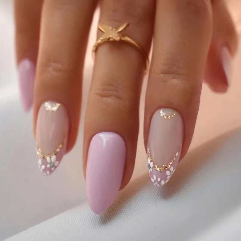 24Pcs Oval Head False Nails Pink Almond Artificial Fake Nails With Glue Full Cover Nail Tips Press On - Image 3