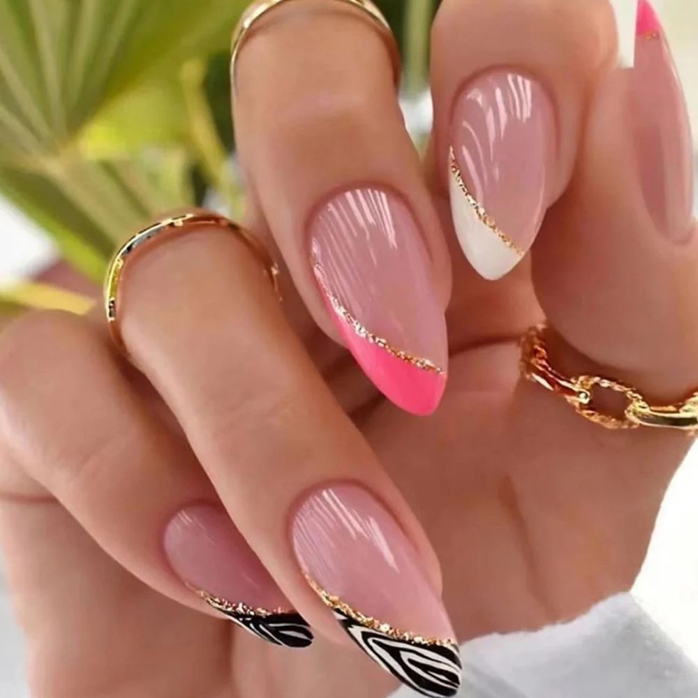 24Pcs Oval Head False Nails Pink Almond Artificial Fake Nails With Glue Full Cover Nail Tips Press On - Image 30