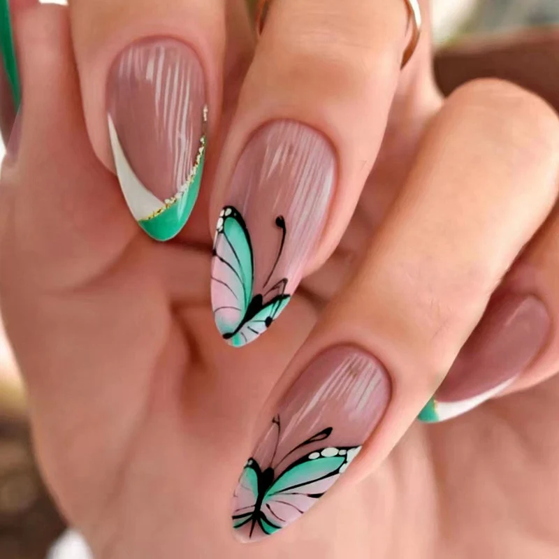 24Pcs Oval Head False Nails Pink Almond Artificial Fake Nails With Glue Full Cover Nail Tips Press On - Image 32
