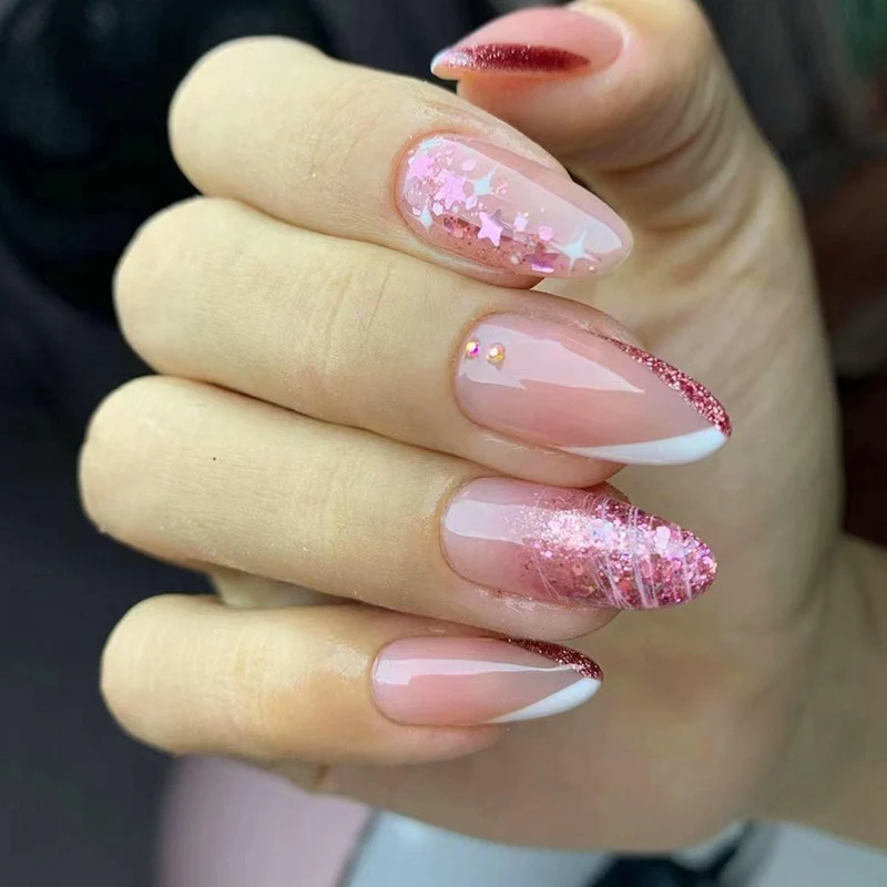 24Pcs Oval Head False Nails Pink Almond Artificial Fake Nails With Glue Full Cover Nail Tips Press On - Image 35