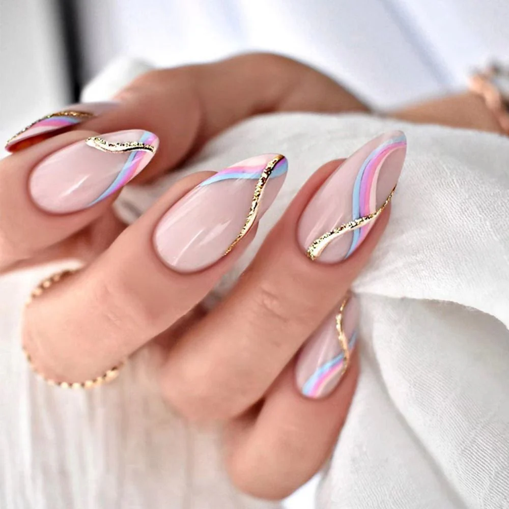 24Pcs Oval Head False Nails Pink Almond Artificial Fake Nails With Glue Full Cover Nail Tips Press On - Image 4