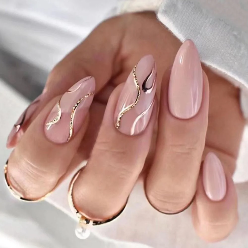24Pcs Oval Head False Nails Pink Almond Artificial Fake Nails With Glue Full Cover Nail Tips Press On - Image 42