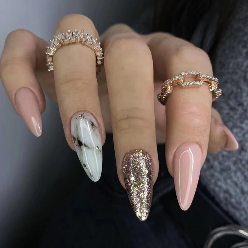 24Pcs Oval Head False Nails Pink Almond Artificial Fake Nails With Glue Full Cover Nail Tips Press On - Image 44