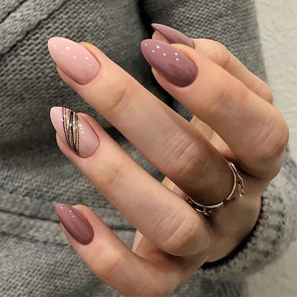 24Pcs Oval Head False Nails Pink Almond Artificial Fake Nails With Glue Full Cover Nail Tips Press On - Image 49