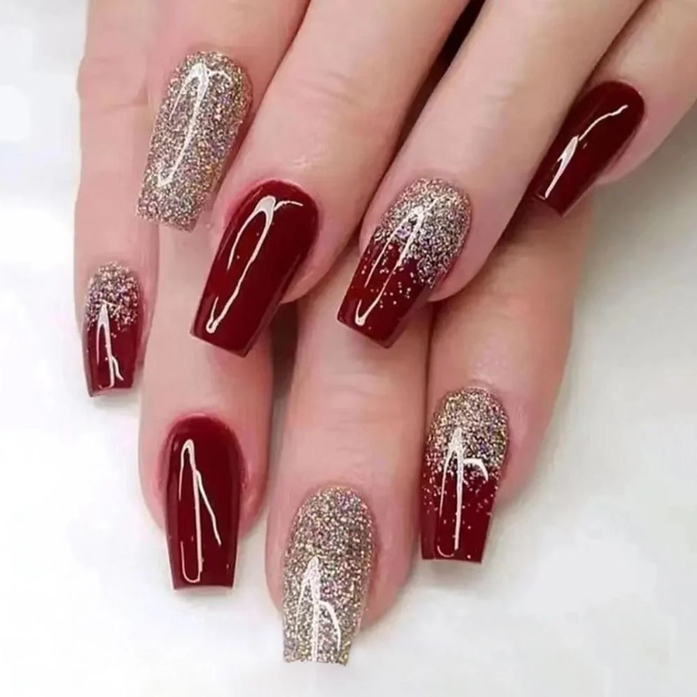 24Pcs Rose Red Black Contrast Color False Nails Coconut Tree Pearl White French Fake Nails Ballerina Coffin Manicure Tool - Image 16