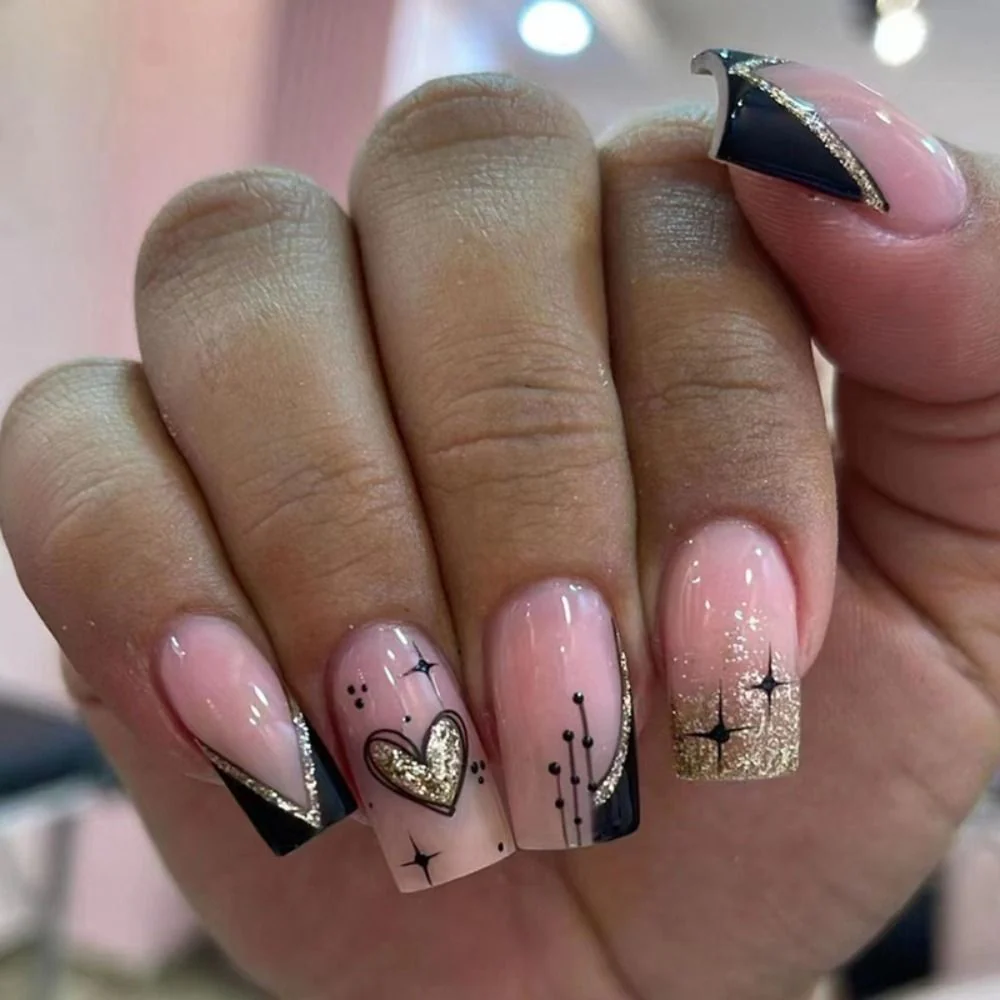 24Pcs Rose Red Black Contrast Color False Nails Coconut Tree Pearl White French Fake Nails Ballerina Coffin Manicure Tool - Image 41