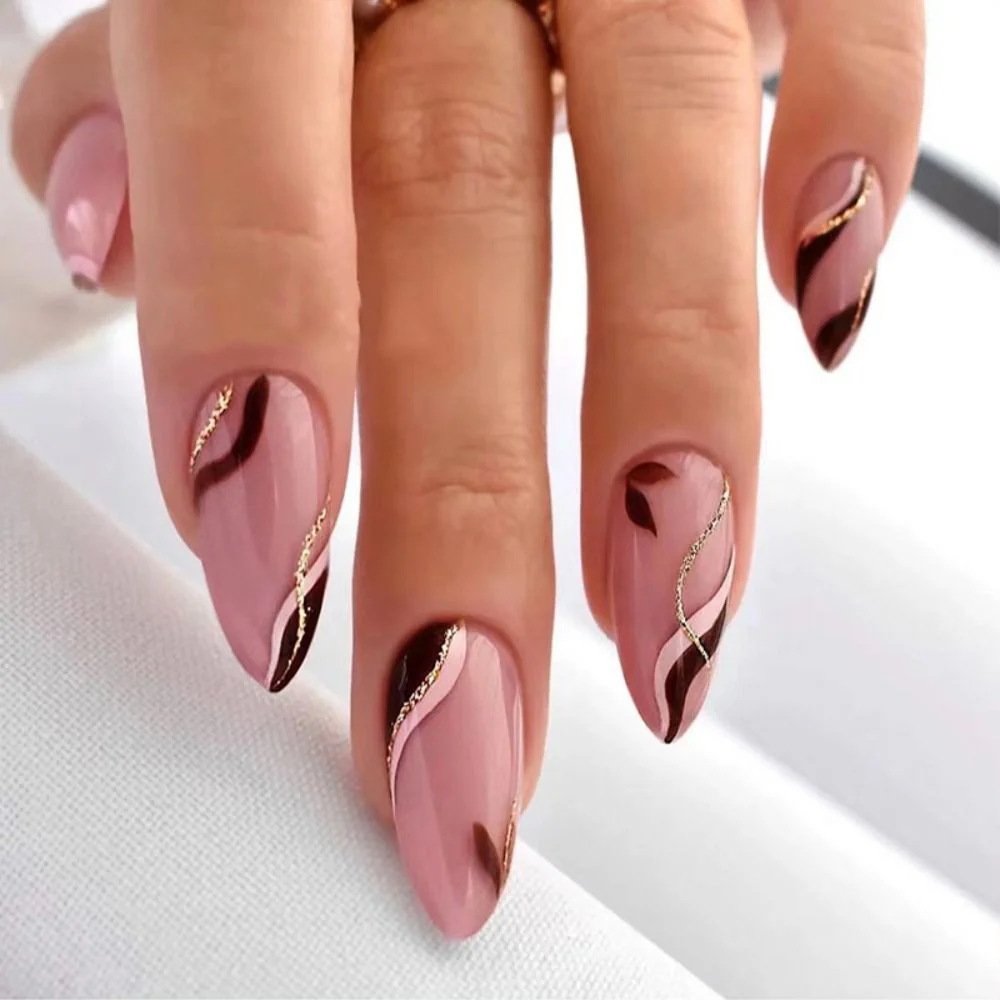 24pcs Short Almond False Nails French Ballerina Gold Line Fake Nail Full Cover Nail Tips DIY Manicure Detachable Press On Nails - Image 2