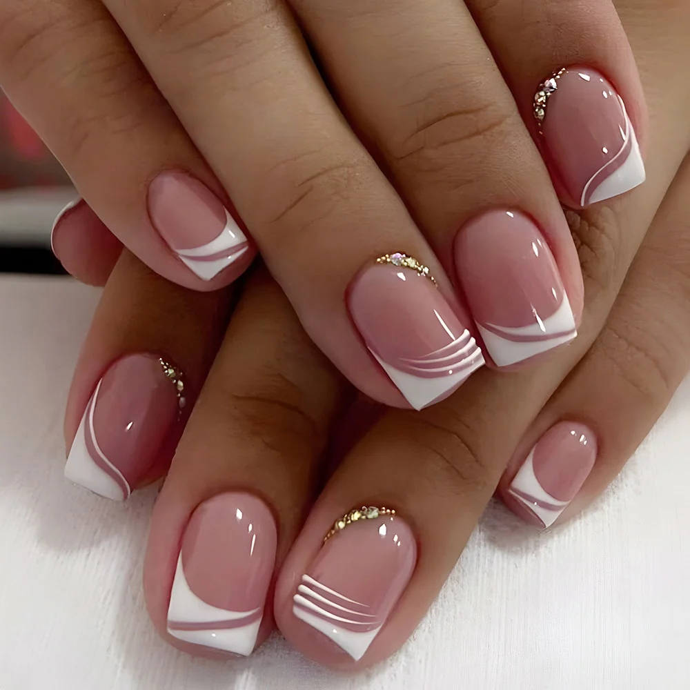 24Pcs Short Square False Nails with Jelly Adhesive Glitter Gradient Design Detachable Fake Fingernails Full Cover Press on Nails - Image 2