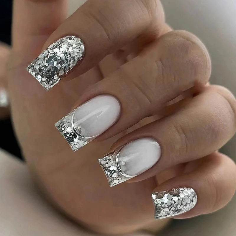 24Pcs Short Square False Nails with Jelly Adhesive Glitter Gradient Design Detachable Fake Fingernails Full Cover Press on Nails - Image 7