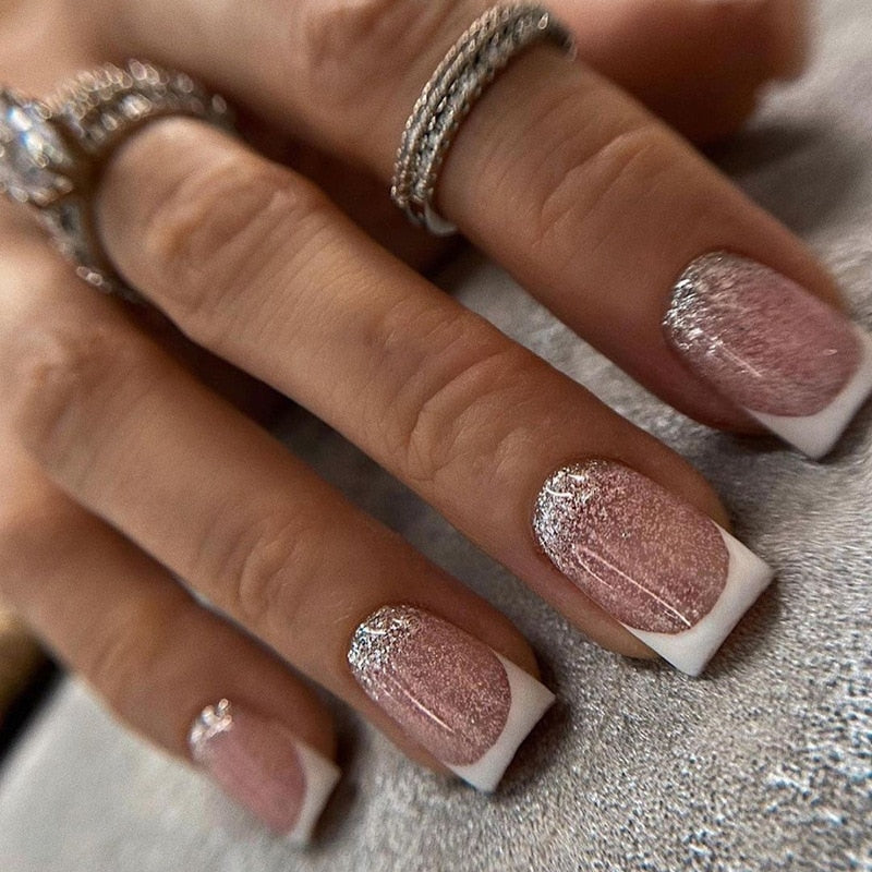 24Pcs Short Square False Nails with Jelly Adhesive Glitter Gradient Design Detachable Fake Fingernails Full Cover Press on Nails - Image 9