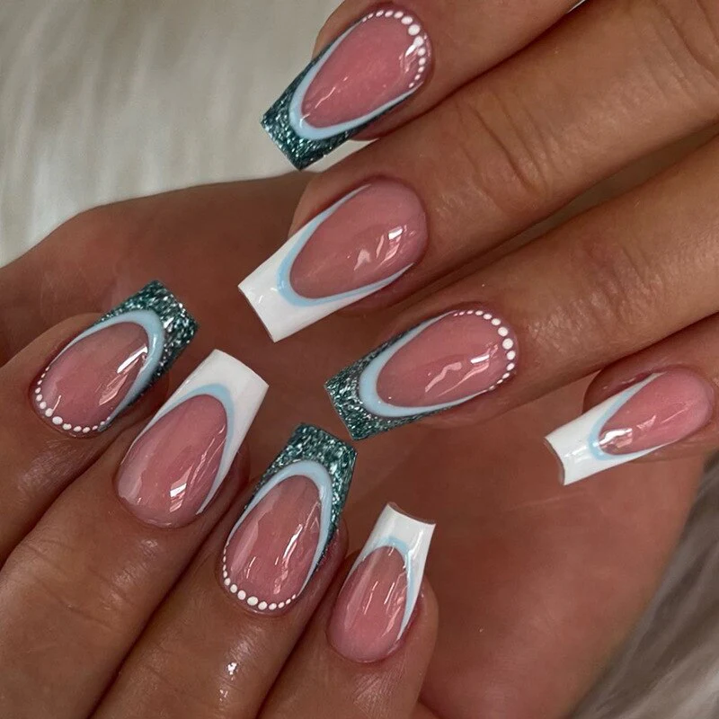 24Pcs Simple False Nails Green French Long Ballerina Coffin Full Cover Nail Tips Detachable Fake Nails Press on Nails Manicure - Image 70