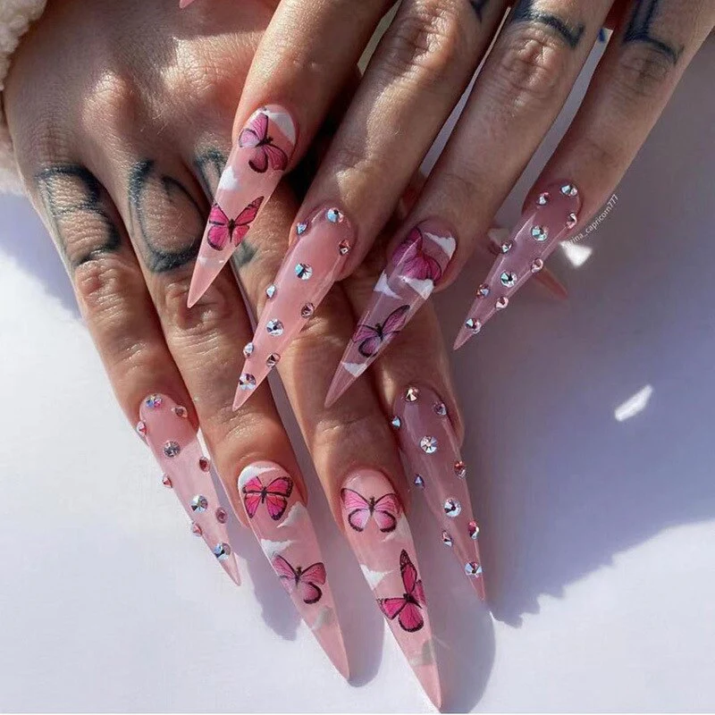 24pcs Strawberry Girl Long Ballet False Nails Art Removable Acrylic Press On Nail Tips - Image 58