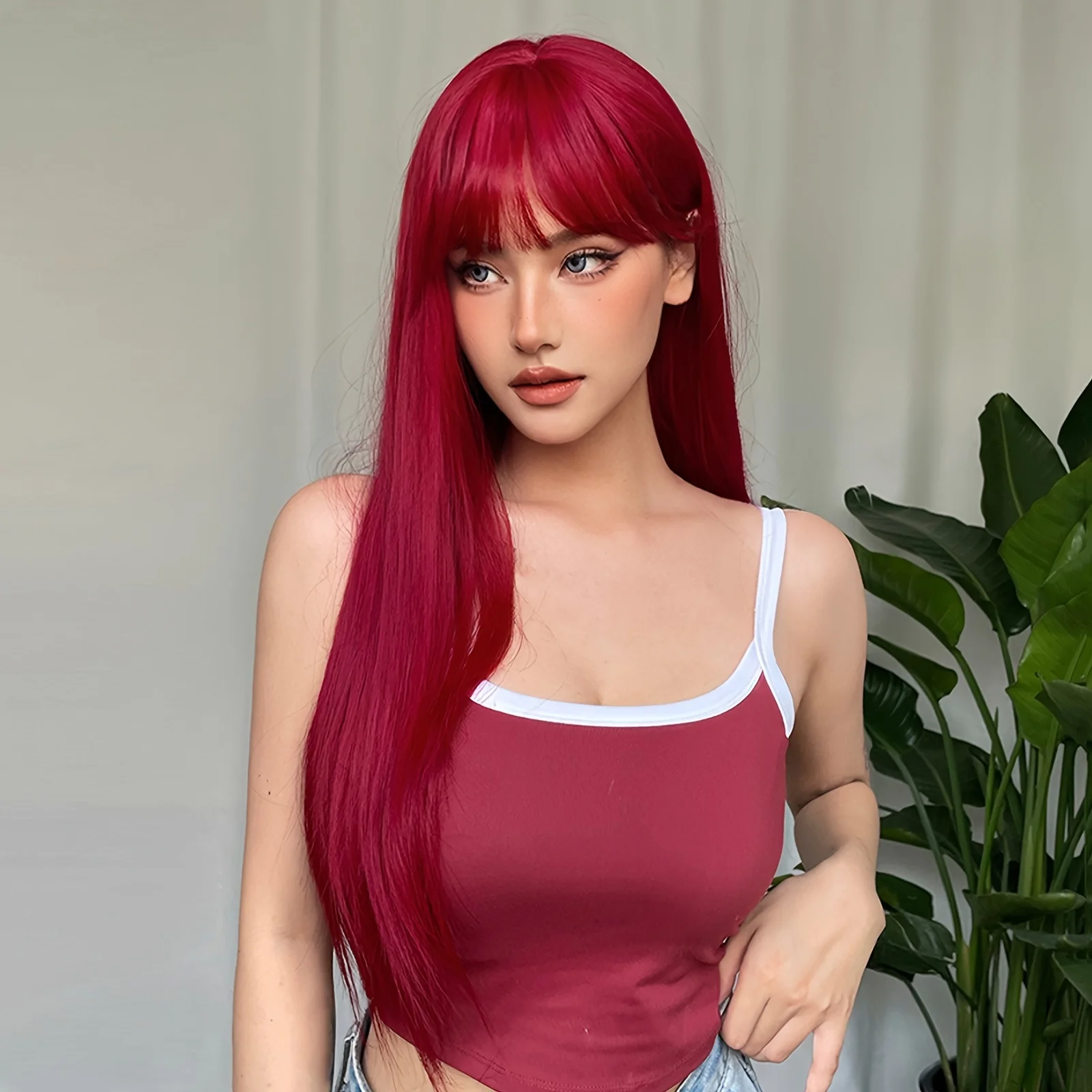 26 Inch Elegant Red Wig with Bangs for Women, Straight Heat Resistant Synthetic Hair, High Temperature Fiber, Rose Net Cap, Fashionable Long Wig - Image 3