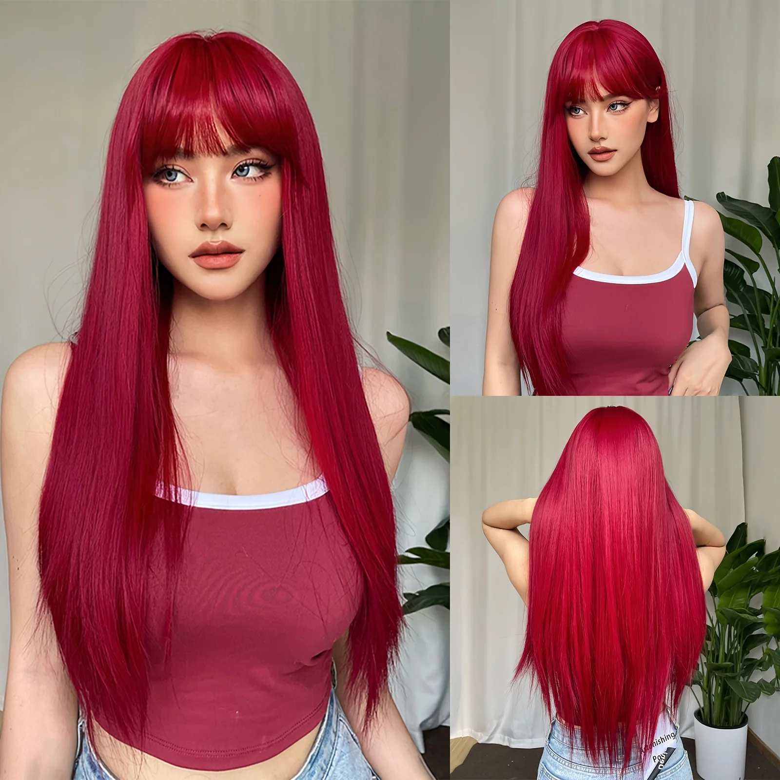 26 Inch Elegant Red Wig with Bangs for Women, Straight Heat Resistant Synthetic Hair, High Temperature Fiber, Rose Net Cap, Fashionable Long Wig - Image 7
