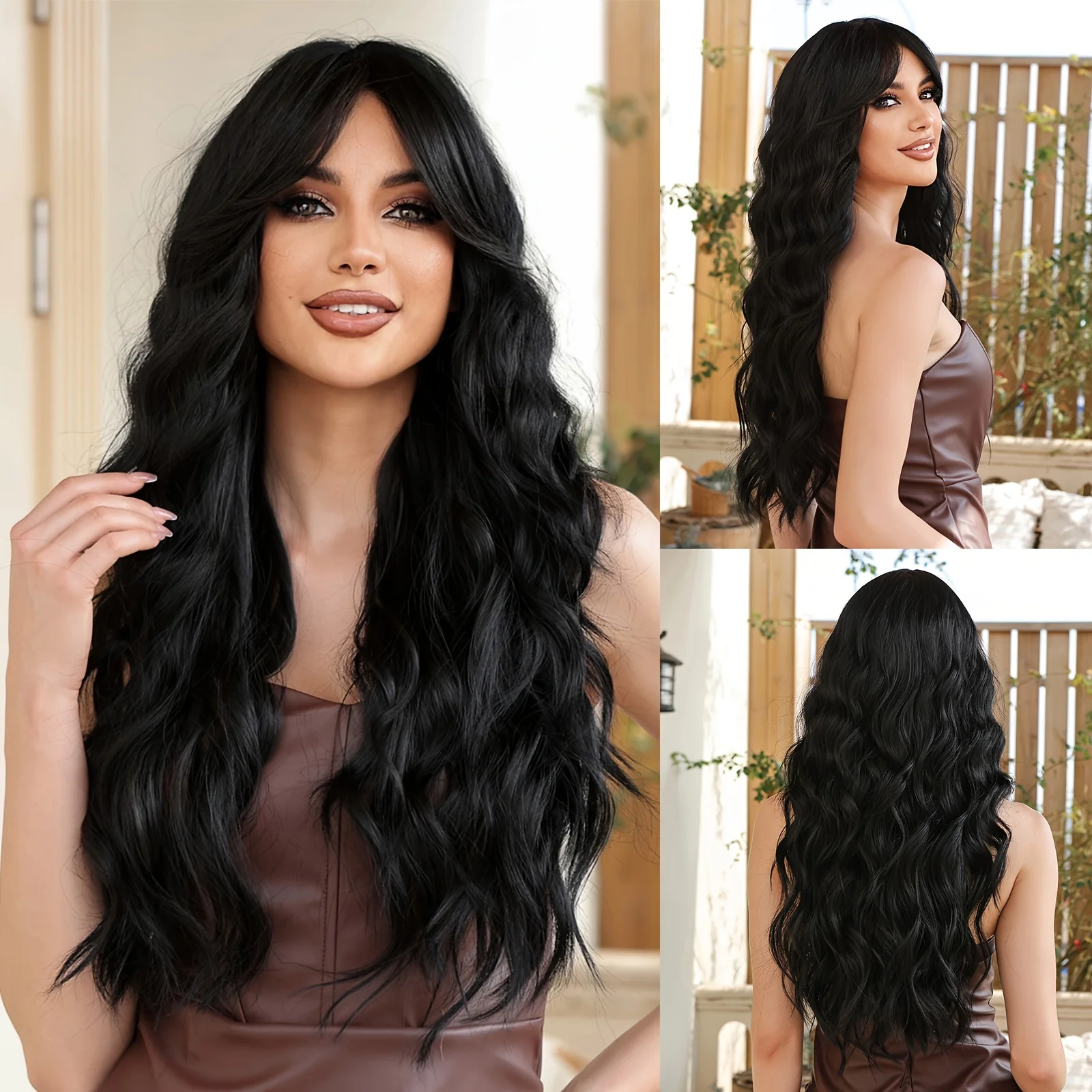 28 Inch Long Curly Wavy Hair Cut Wig Mid Cut Bangs Synthetic Fiber Hair For Women Perfect For Any Occasion - Image 2