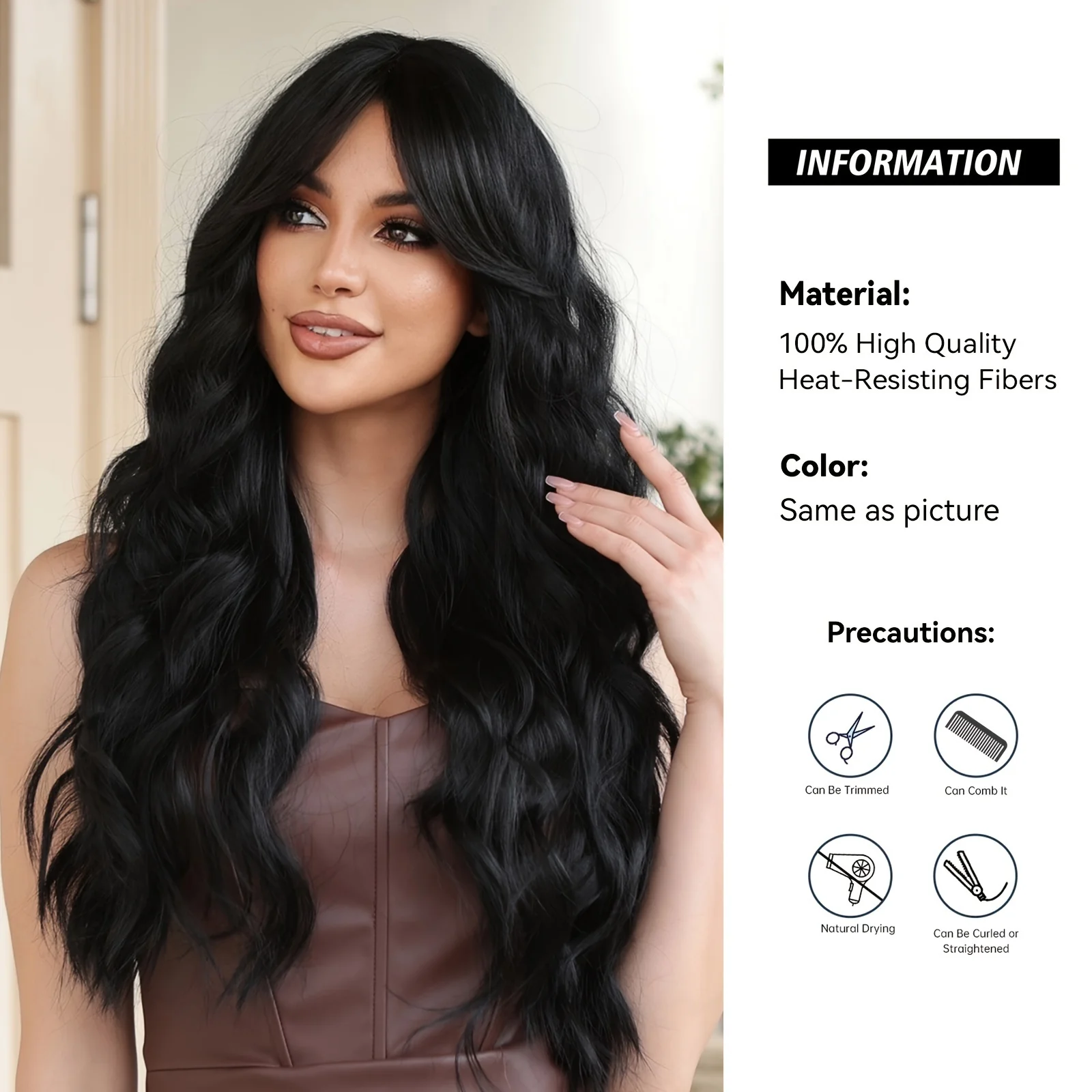 28 Inch Long Curly Wavy Hair Cut Wig Mid Cut Bangs Synthetic Fiber Hair For Women Perfect For Any Occasion - Image 3